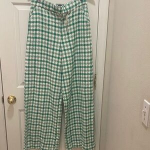 Zara Green and White Plaid tweed Trousers